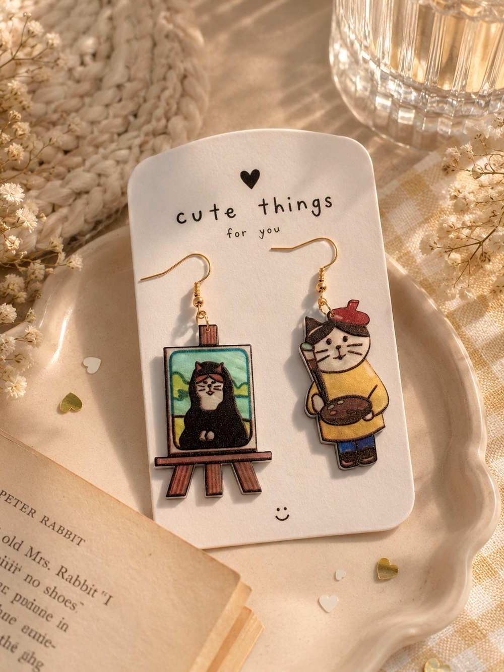 Artist Cat Mismatched Acrylic Dangle Earrings Mona Lisa Leonardo Davinci New